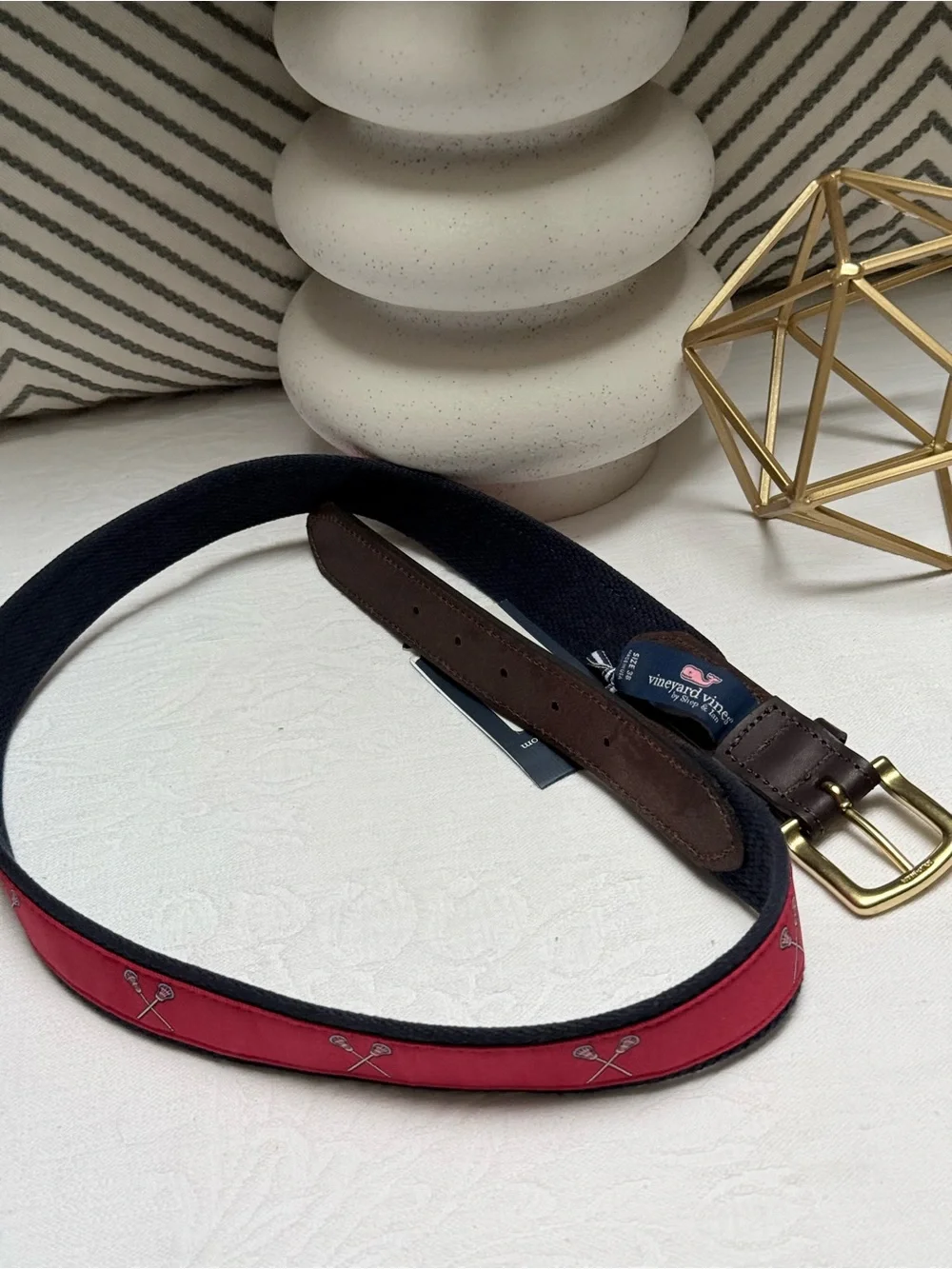 Vineyard Vines Men’s Belt Pink Canvas Embroidered with Lacrosse Sticks, Size 38